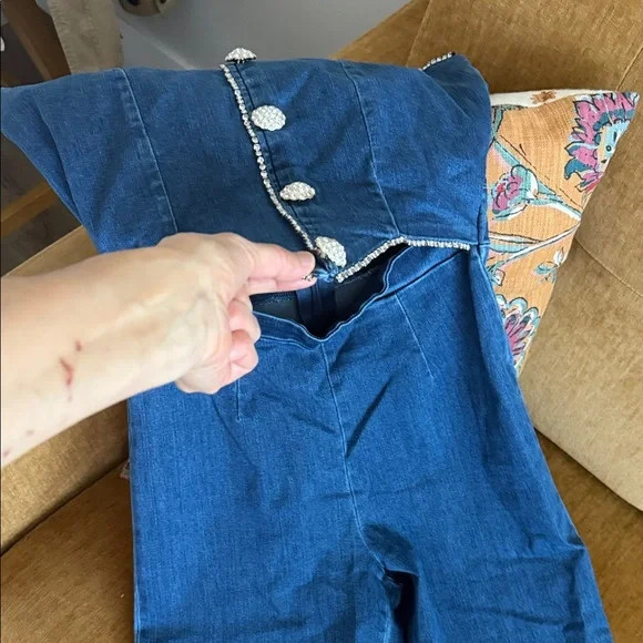 Denim Jumpsuit with Rhinestone Trim - Picture 5 of 9